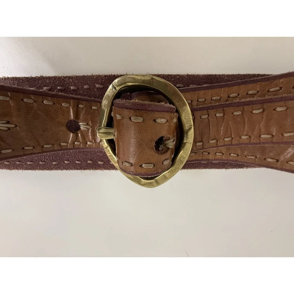 Wide Brown Leather Contour Waist Belt Brass Buckle Whipstitch Boho Western